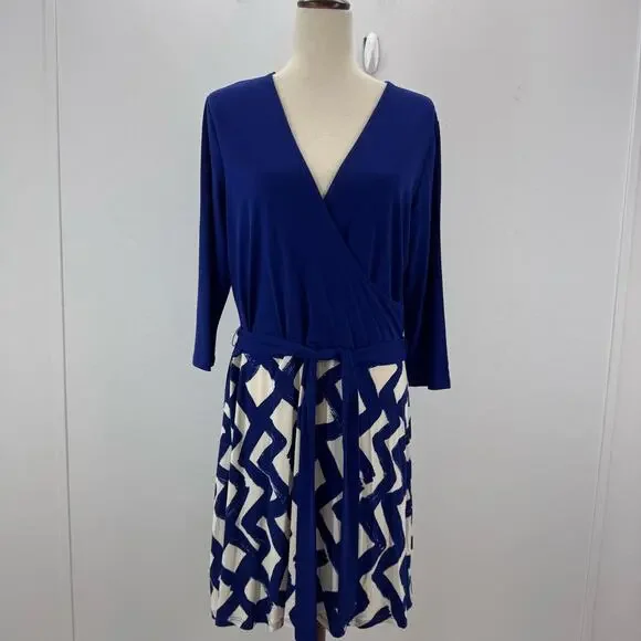 NWT Leota Women's Blue Zig Zag Navy Crepe A-Line Stretchy Dress sz XXL Casual - Picture 2 of 8